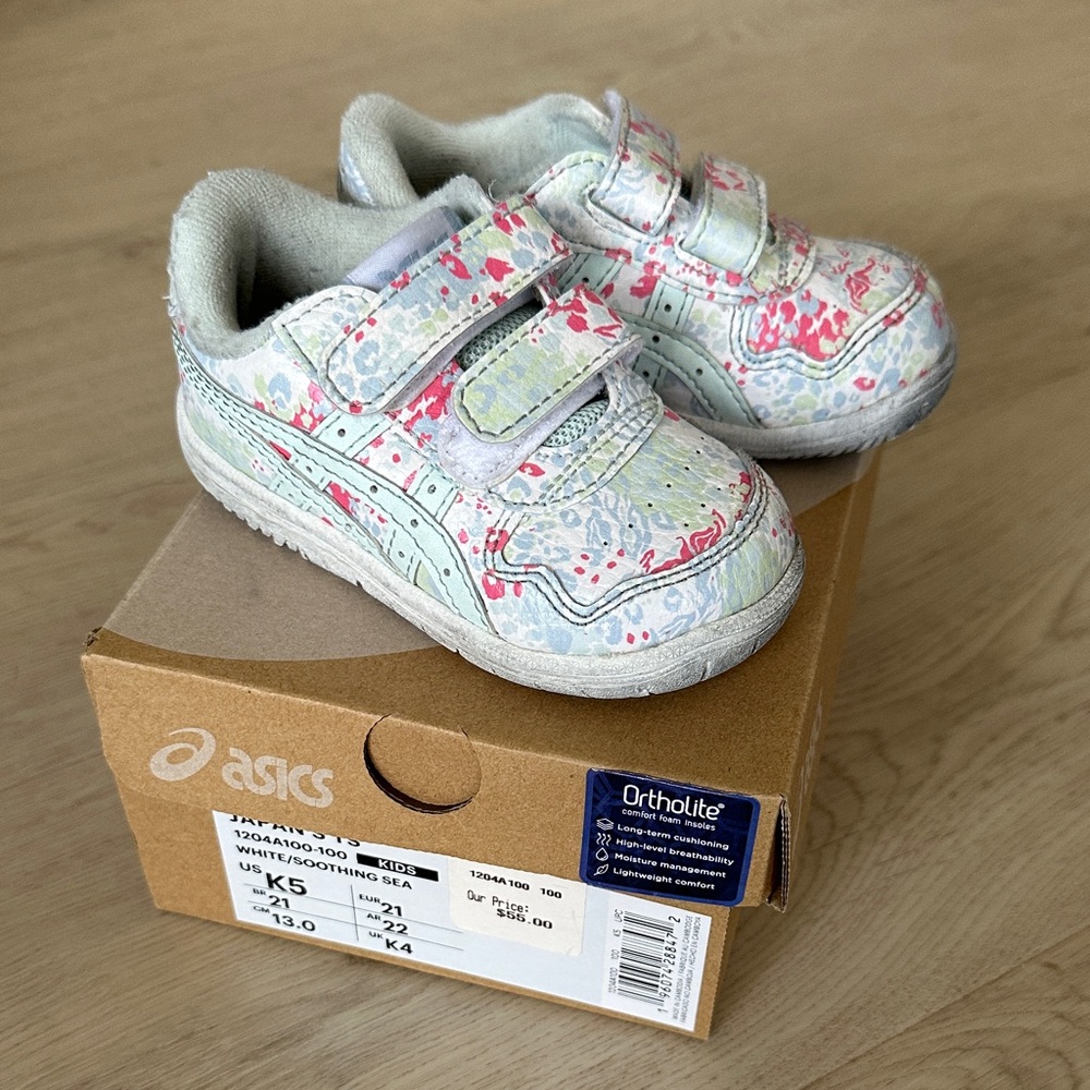 ASICS Toddler Sneakers 5 - White and Pink Floral Japan S TS Velcro